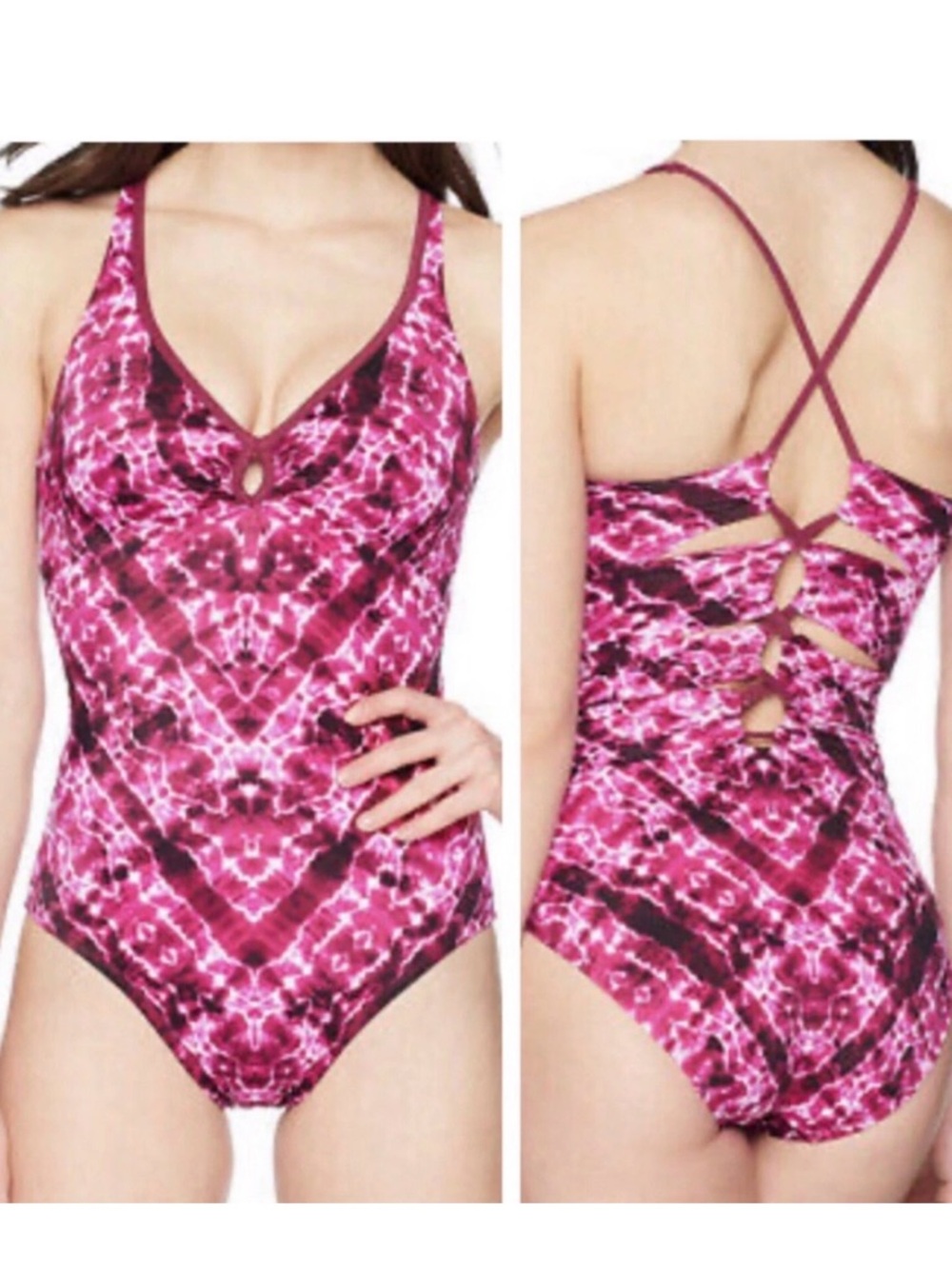 Coastal Blue Pink Patterned One-Piece Swimsuit with Strappy Back Womens Size L
